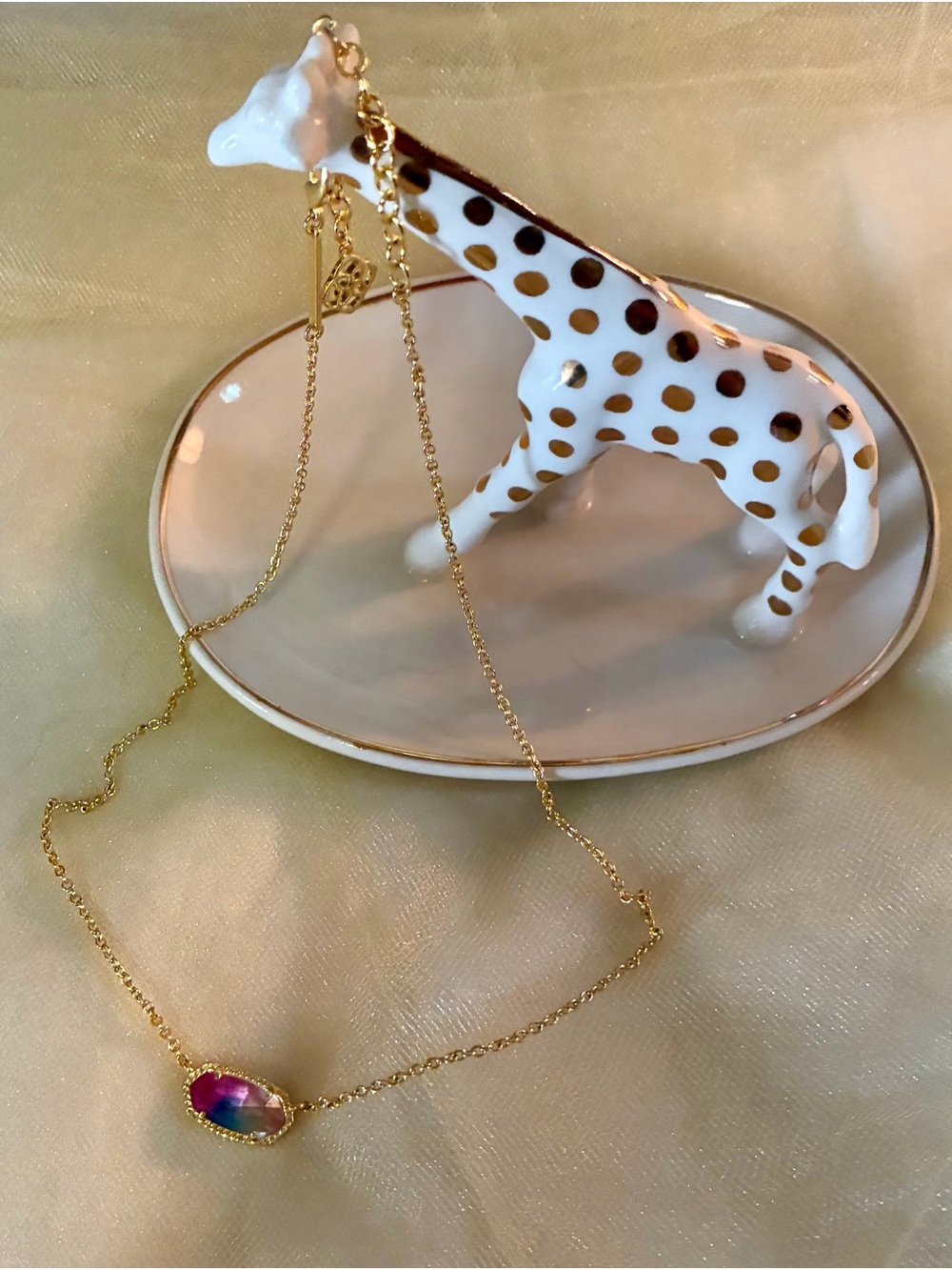 Kendra Scott Gold Necklace with Pink and Blue Iridescent Pendant